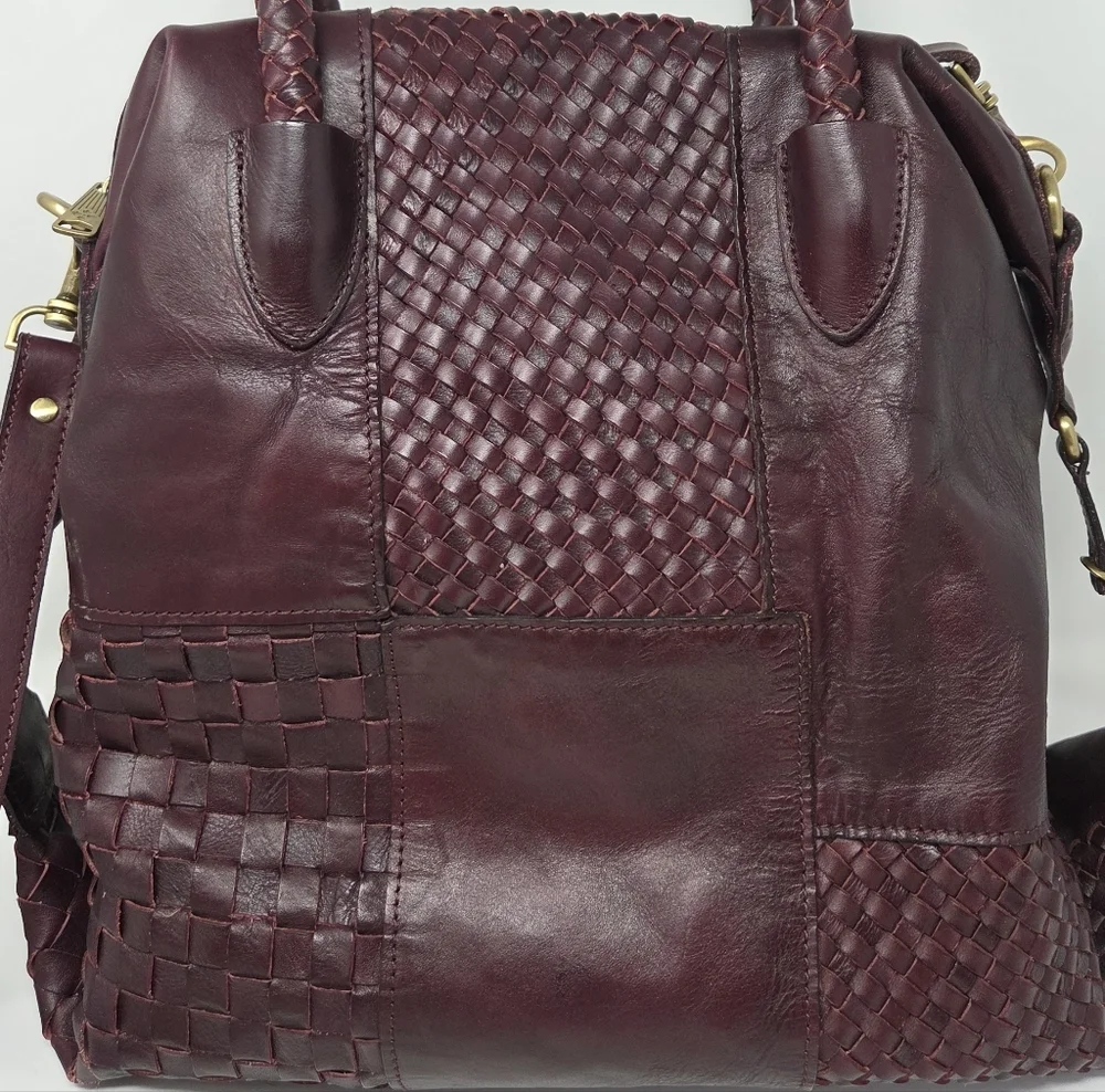Patricia Nash Paloma Burgundy Patchwork Woven Leather Satchel Detachable Strap